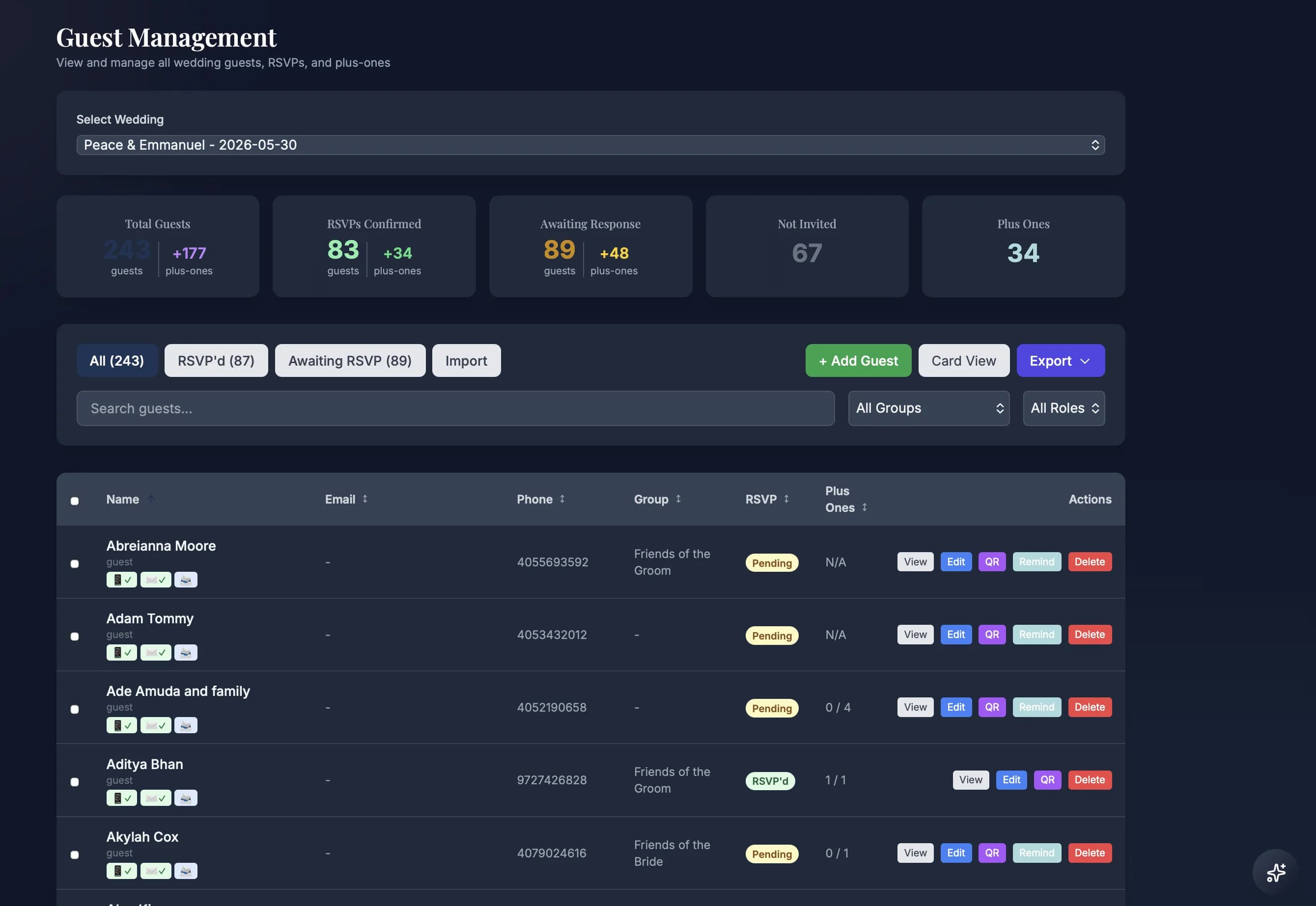 Guest Management — Manage the wedding guest list, RSVP status, plus-ones, groups, and guest details from one planner page.