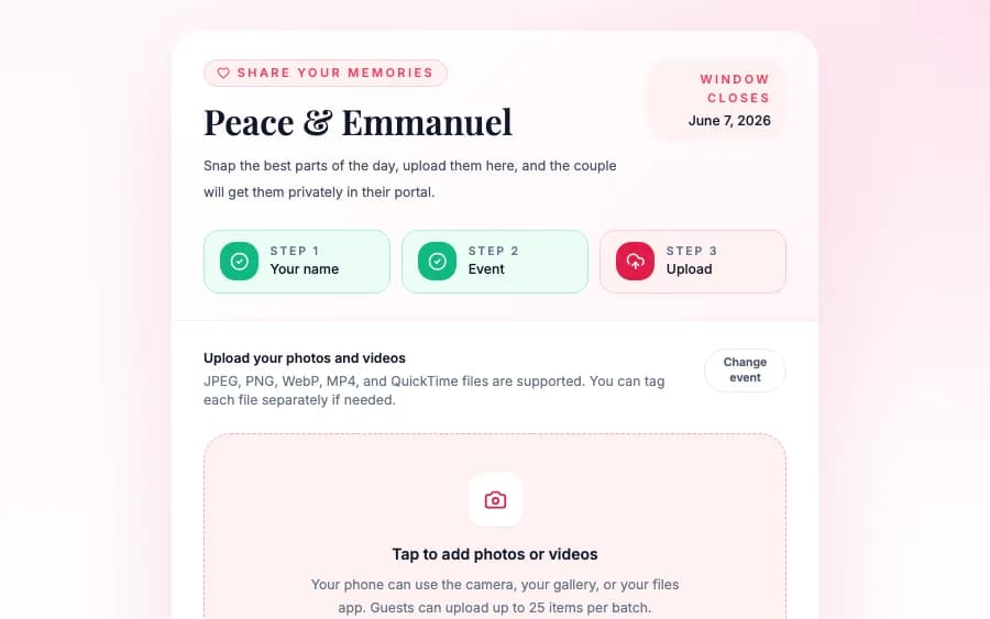 Guest Memories — QR on the table → guests upload → couple reviews in the portal → export as a ZIP.