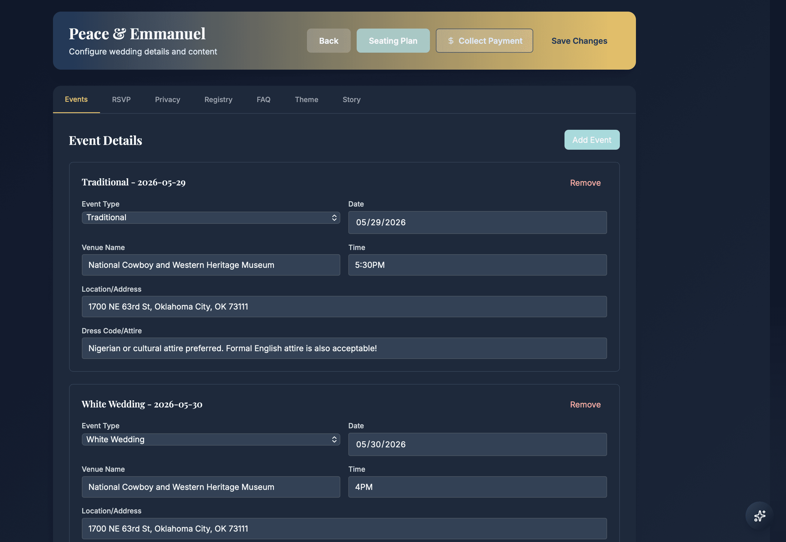 Wedding Configuration screenshot
