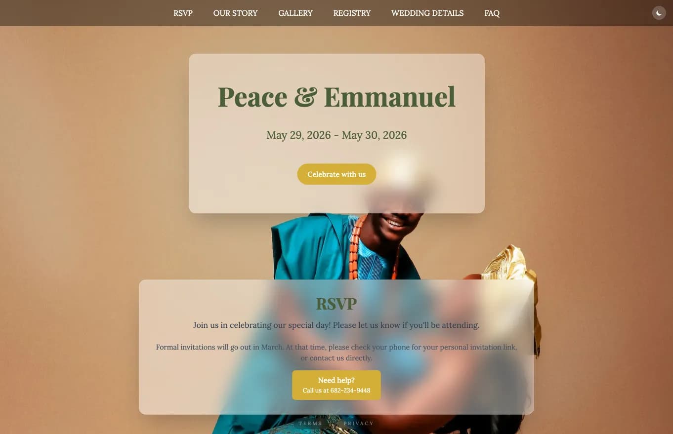 The Microsite Auto-Publishes — Every wedding ships with a branded microsite — no Squarespace, no extra login, never out of date.