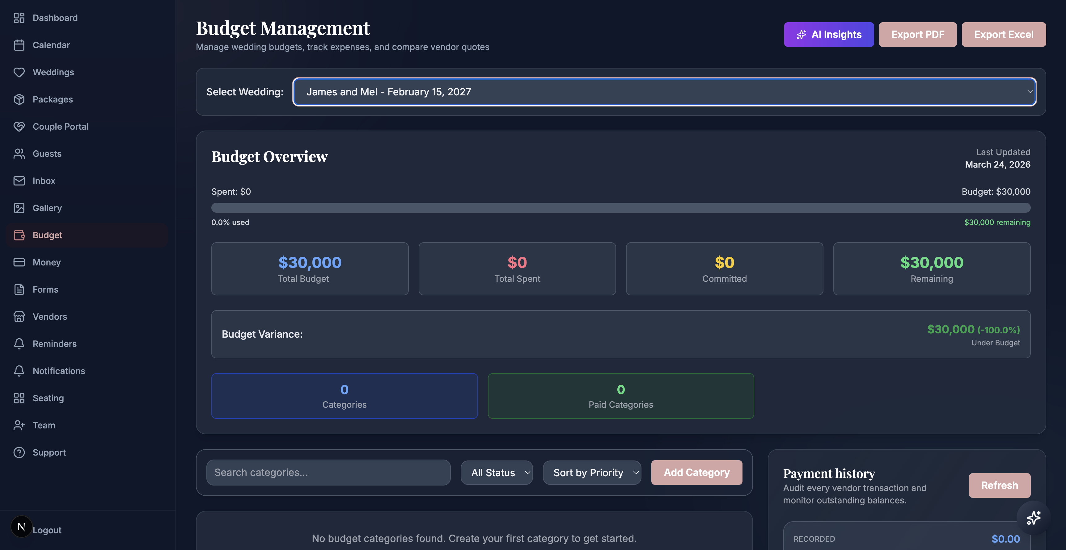 Budget Management — Track budgets by category, compare planned vs. actual spend, and forecast costs across vendors.