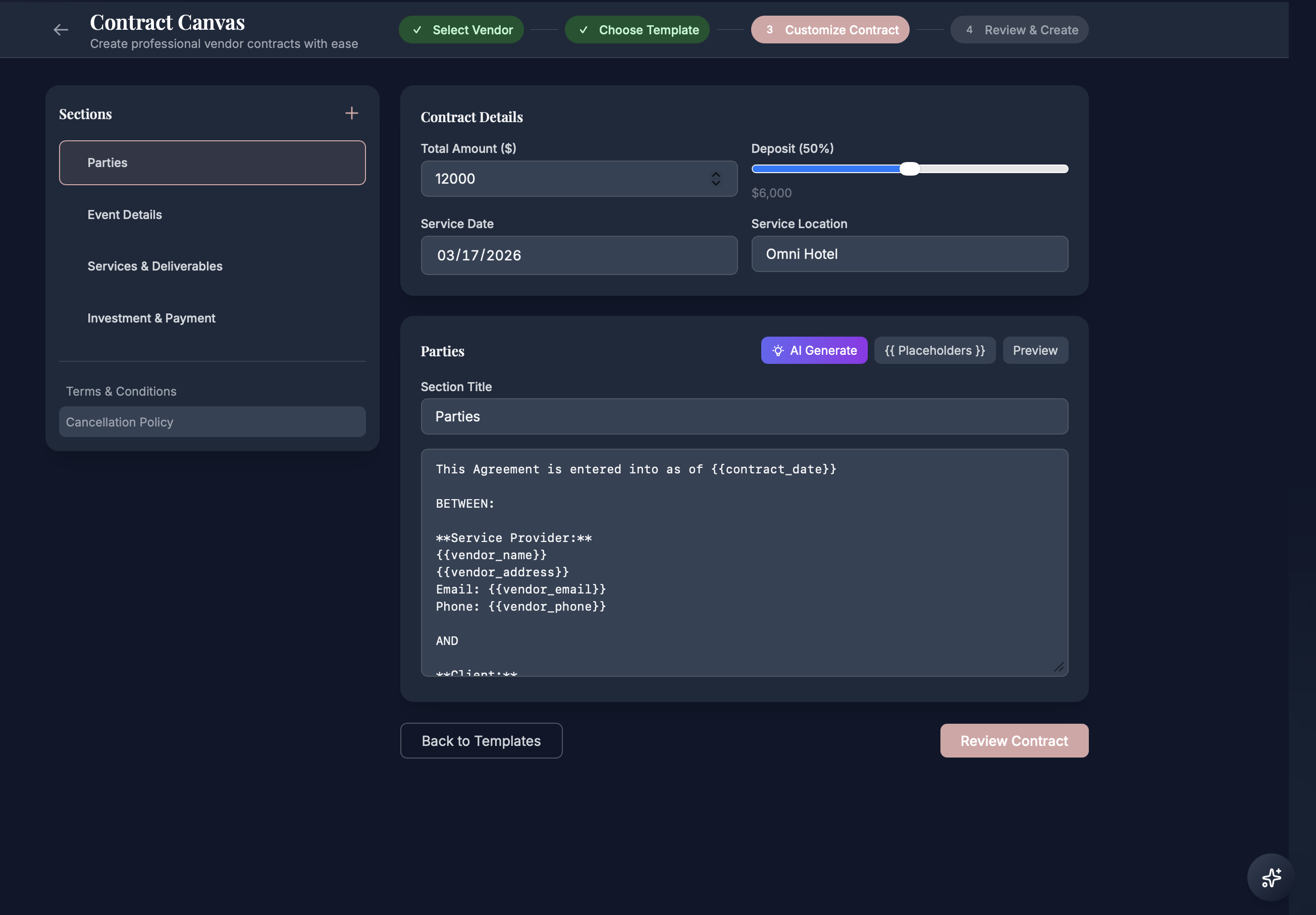 Contract Canvas — Draft polished agreements with AI-assisted clauses, placeholders, and e-sign support.
