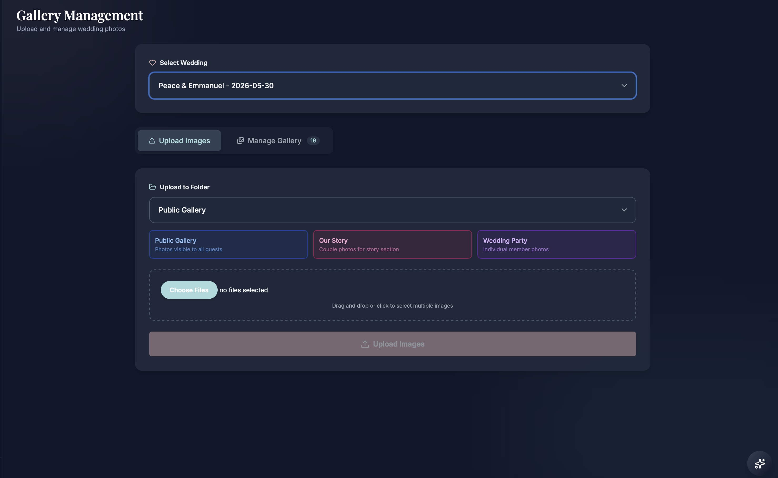 Photo Gallery & Memories — Manage photo galleries, organize by event, and let guests upload memories via QR code.