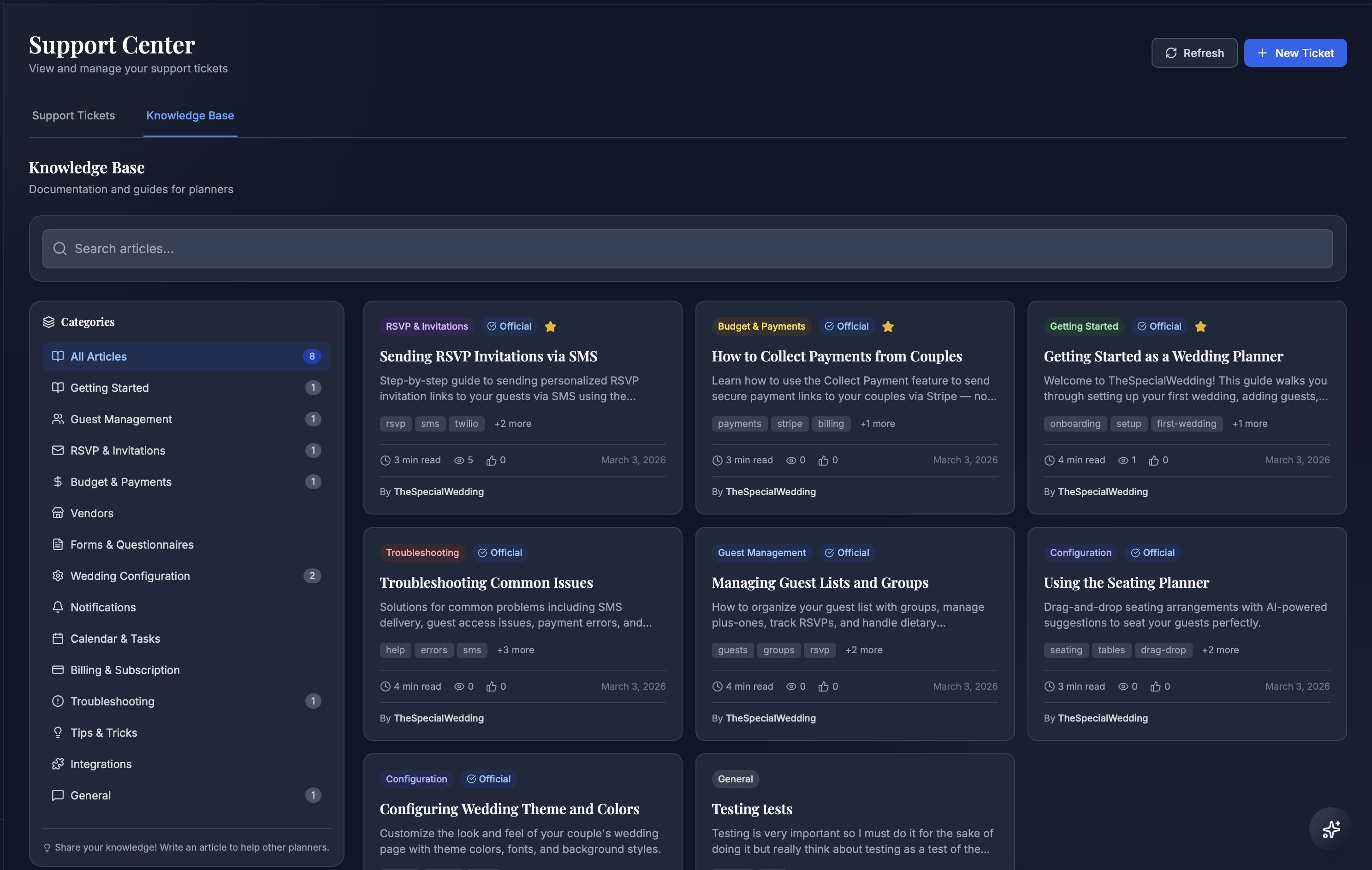 Knowledge Base — Support planners and teams with searchable guides, FAQs, and self-serve documentation.