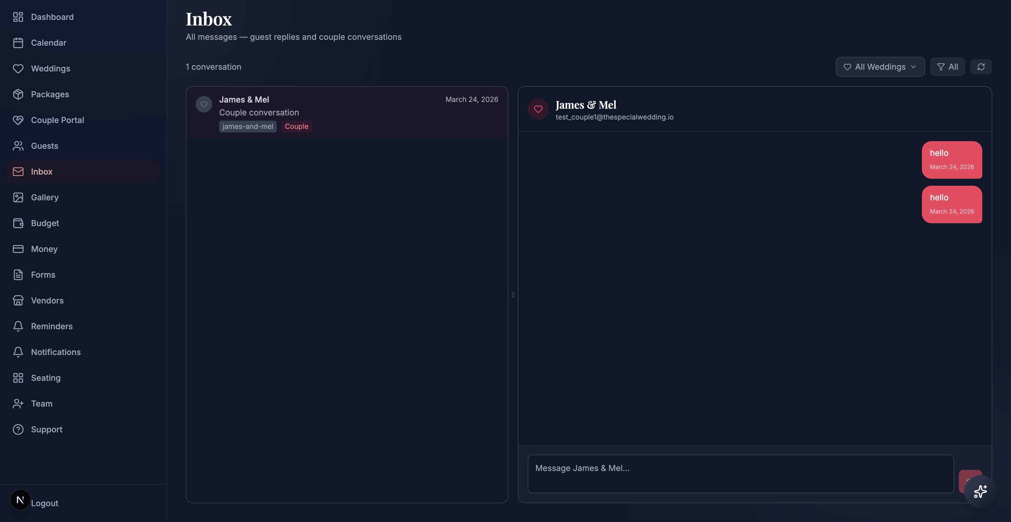 Planner Inbox — Centralize planner-to-couple conversations instead of chasing texts and scattered email threads.