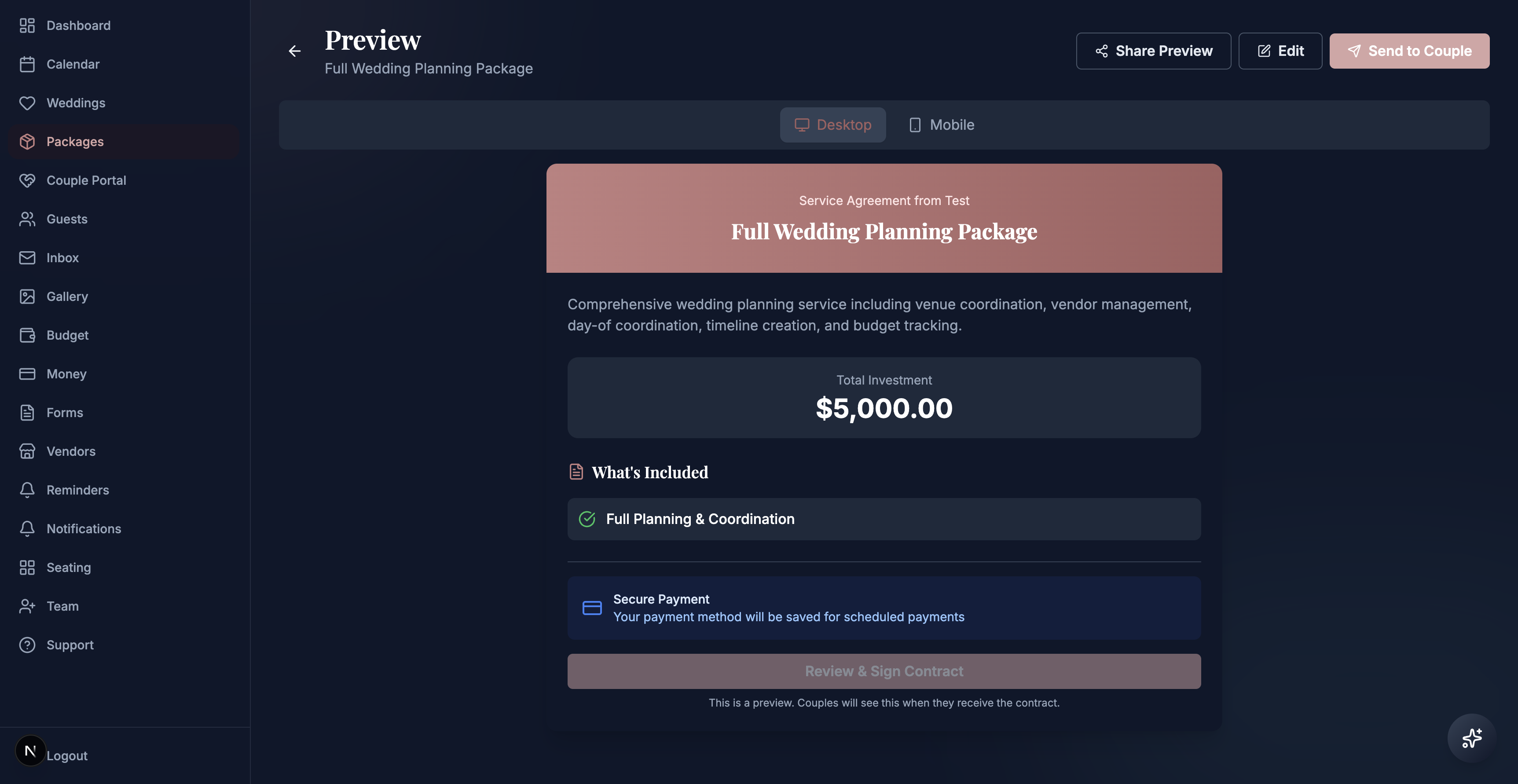 Service Packages — Publish bookable packages with AI pricing guidance and polished client-facing proposals.