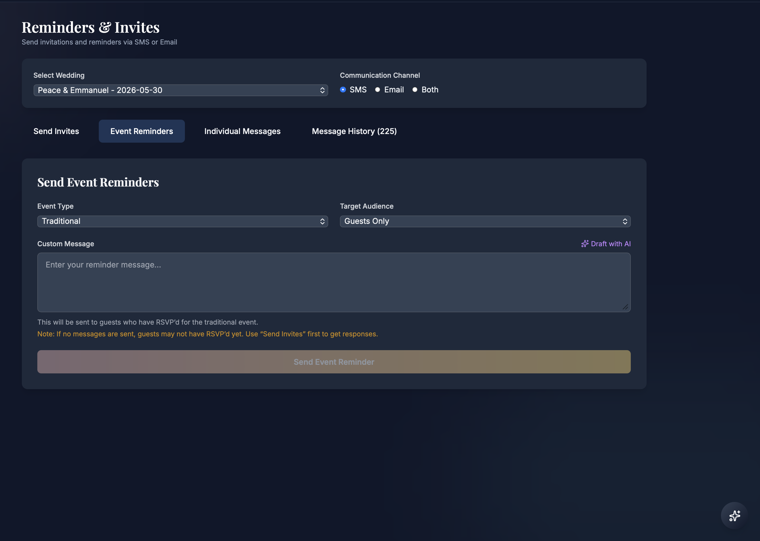SMS & Email Reminders — Send RSVP invites, reminders, and updates via SMS or email with AI-drafted messages and delivery tracking.