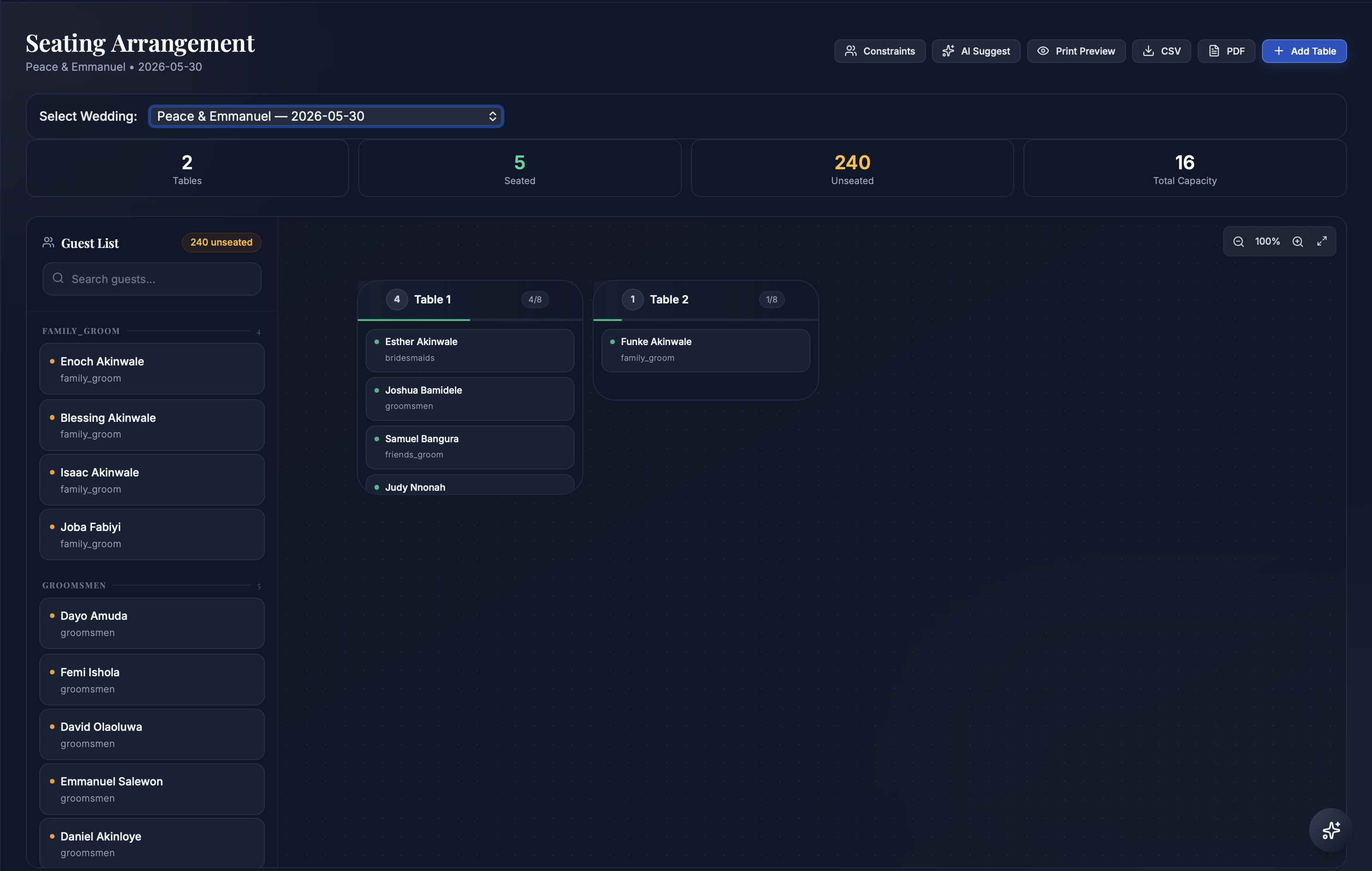 Seating Orchestrator — Drag guests into sections and tables without losing family or group constraints.