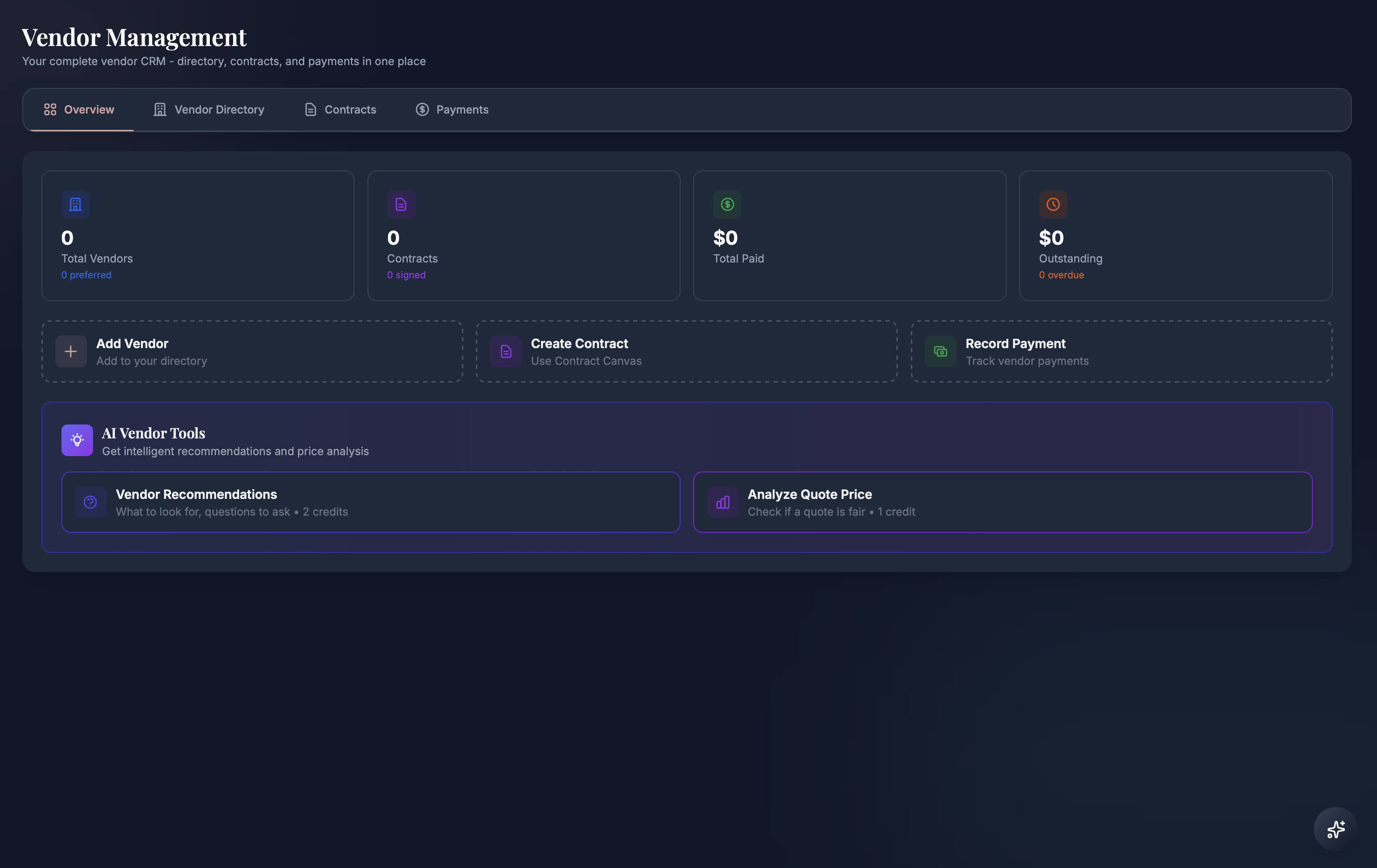 Vendor CRM — Track contracts, owners, payments, and collaboration for every venue and vendor partner.